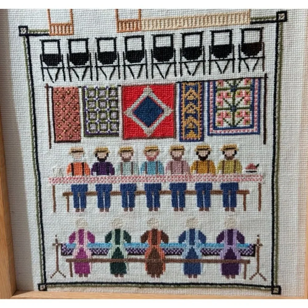 Vintage Barnraising Needlepoint Art Handcrafted Framed Cross Stitch Wall Decor - Picture 7 of 13
